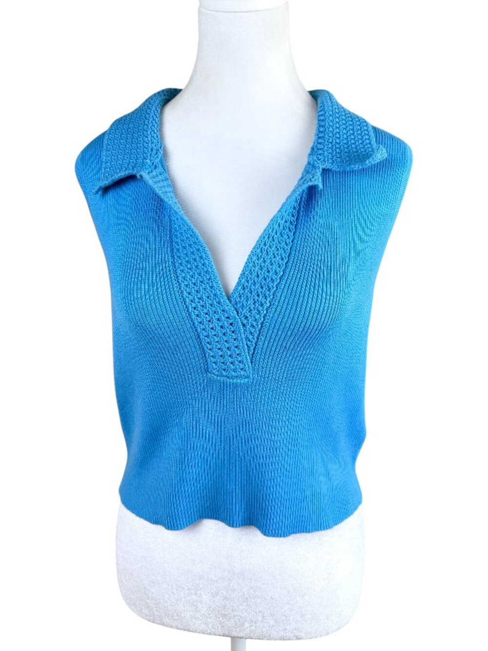 Caroline Constas Knit Vest Summer Blue Collar Ribbed (~S, 32” bust)